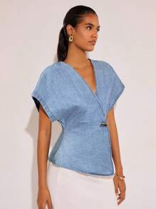 COSMINA 女式单扣蝙蝠袖时尚牛仔衬衫，夏季 - 淺藍色 - 查看 4