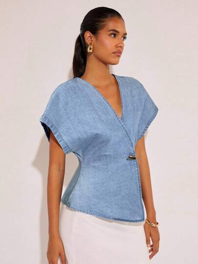 COSMINA Denim Dames modieuze denim blouse met één knoop en vleermuismouwen, zomer