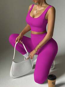 Core Rhythm 无缝罗纹针织运动套装 女士健身套装 女士紧身裤套装 - 玫紅色 - 查看 3