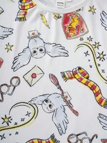 HARRY POTTER X SHEIN Camiseta de manga corta blanca informal y versátil con estampado de búho para niñas preadolescentes en verano