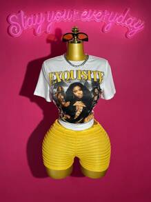 Slaydiva 2pcs Women Summer Casual Street Style Outfit: Loose Round Neck Short Sleeve Printed Tee + Yellow Textured Mesh Mini Shorts, Suitable For Easter, Music Festivals, Everyday Wear, Parties, Christmas, Valentine's Day, Dates, Beach, Cruise, Carnival, Street Fashion Y2k 2 Pieces Set - Multicolor - View 4