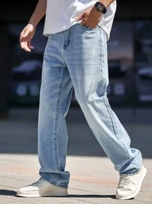 Manfinity Homme Plus Size Men's Water Washed Denim Jeans With Slanted Pockets Long Skater Jean Cargo Plain Light Blue Going Out Street Wear