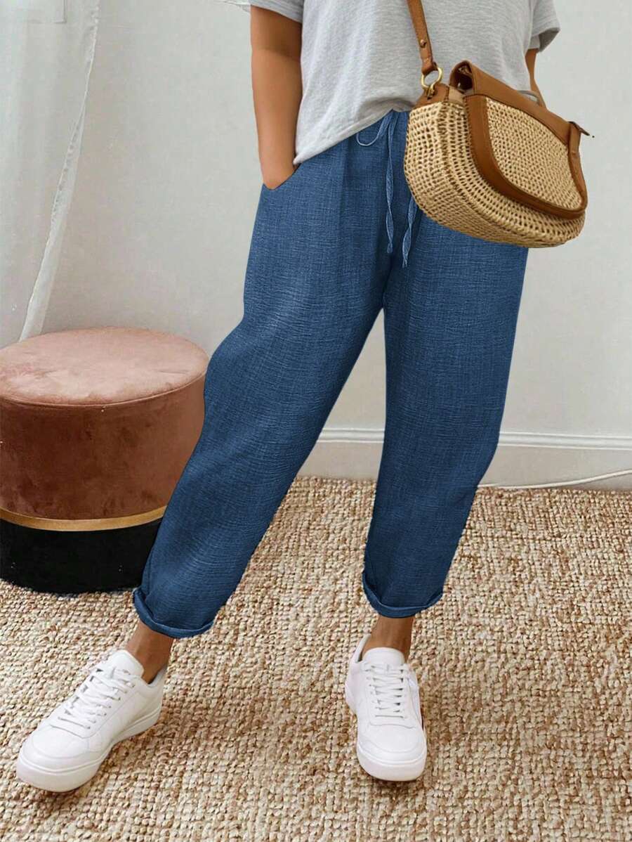 SHEIN PETITE Plus Size Women Casual Vacation Loose Pocket Cone Pants