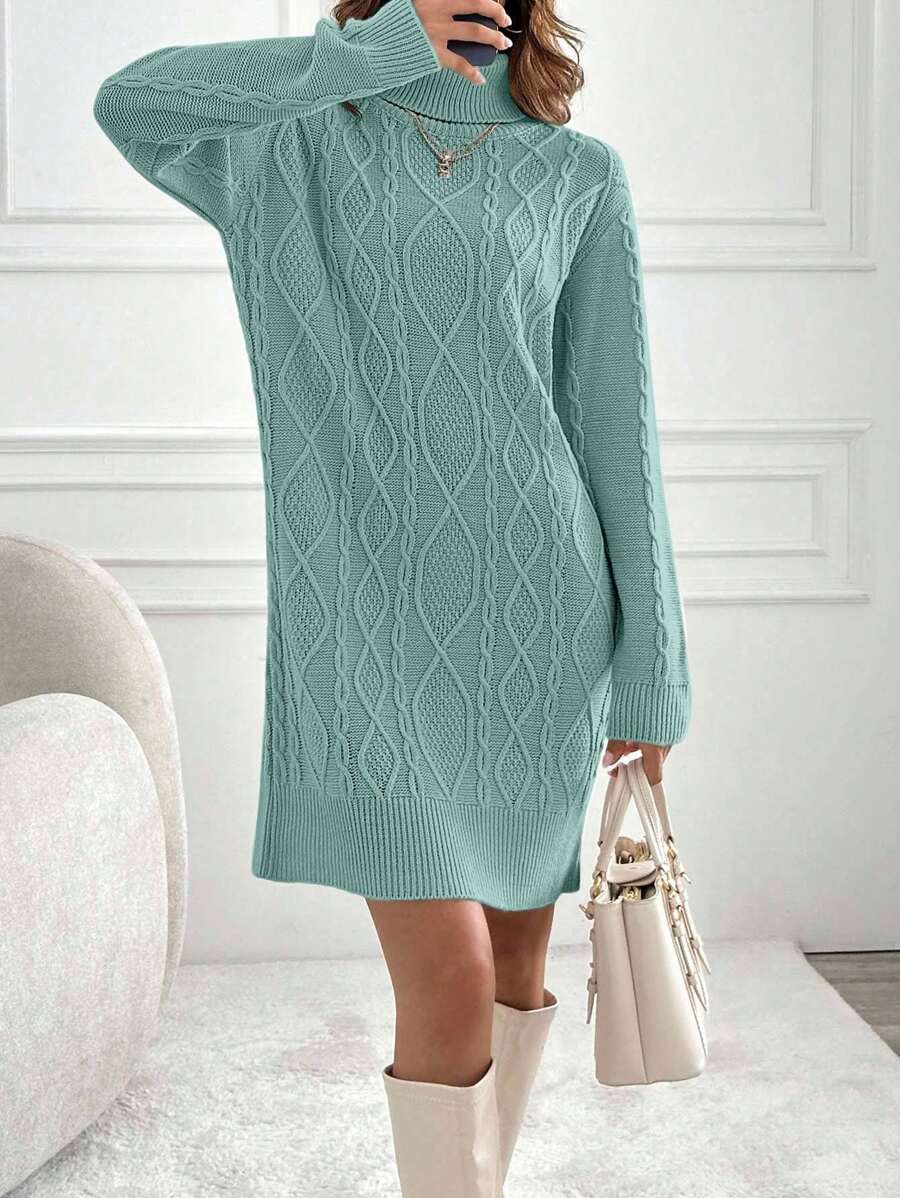 EURMUSE Knitwear Dress With Folded Neck And Cable Pattern,Winter Dresses For Women,Petite - Mint Green - View 1