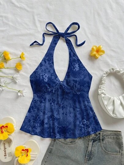 Soleia Women's Casual V-Neck Blue Cashew Flower Pattern Tied Bow Backless Babydoll Top, Suitable For Holiday & Summer Blue Floral Top Suitable For Going Out