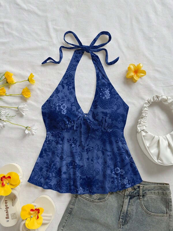 Soleia Blusa informal tipo baby doll con escote en V, estampado de flores de marañón azul, con lazo en la espalda, adecuada para vacaciones y verano