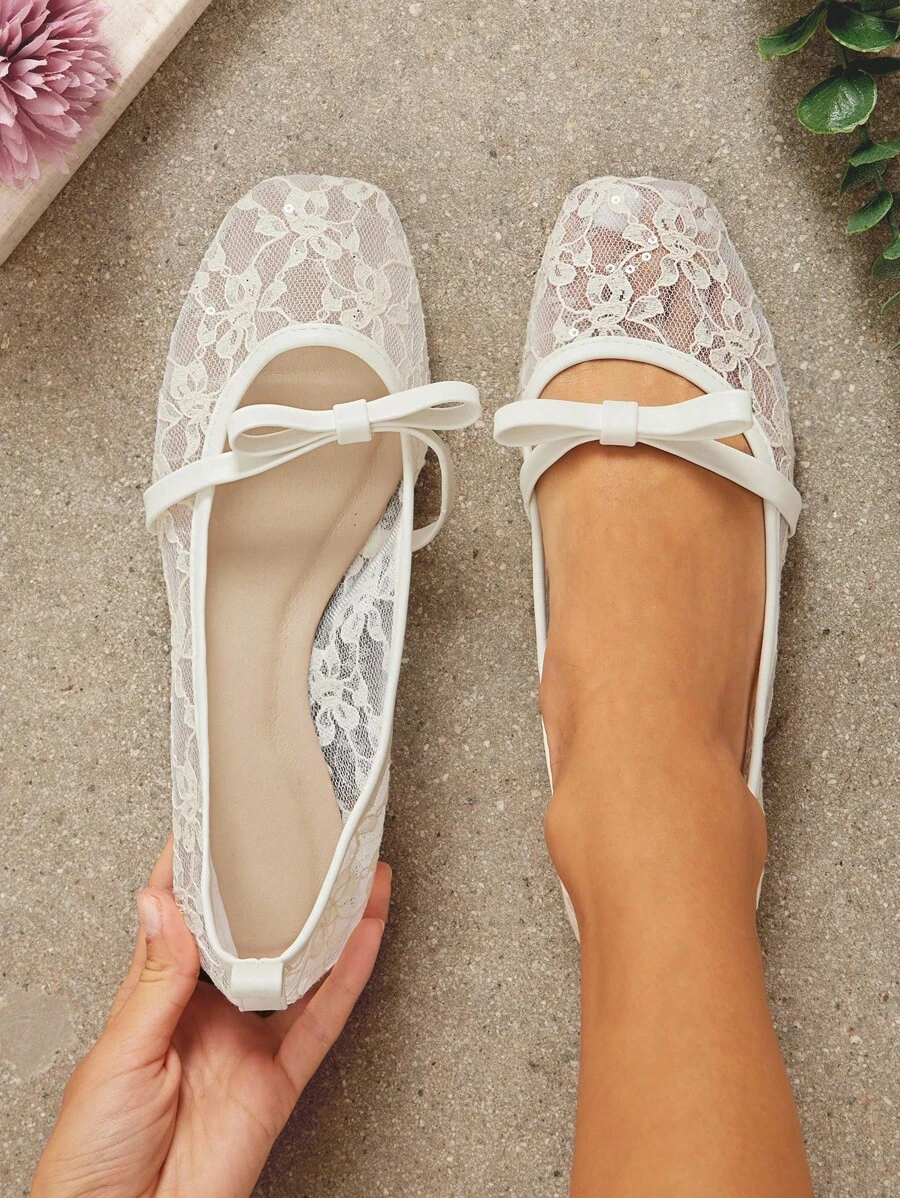 SHUZIA Giày ba lê ren mũi vuông thanh lịch thoải mái cho nữ