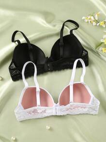 SHEIN Bộ 2 áo ngực ren thêu lãng mạn có gọng, nâng và nâng cao, hỗ trợ cho ngực nhỏ - Đen và trắng - Xem 2