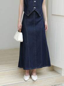 SHEIN Unity Chân váy denim trơn dáng thẳng màu tối màu dùng hàng ngày cho nữ Chân váy denim dài màu xanh đậm Chân váy jean dài - Rửa tối - Xem 5