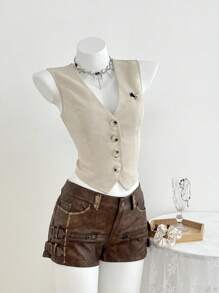 Elamini Women's Spring New Apricot Knitted Embroidered Vest - Apricot - View 4
