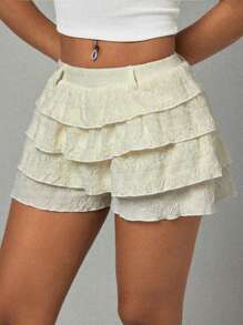 SHEIN PETITE Women's Jacquard Multilayer Ruffle Hem Skorts Shorts - Apricot - View 4