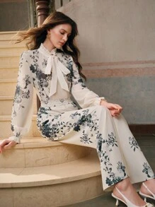 Anewsta Set de 2 piezas de blusa de manga larga con cuello retorcido y pantalones con estampado floral elegante para mujer - Multicolor - Ver 1