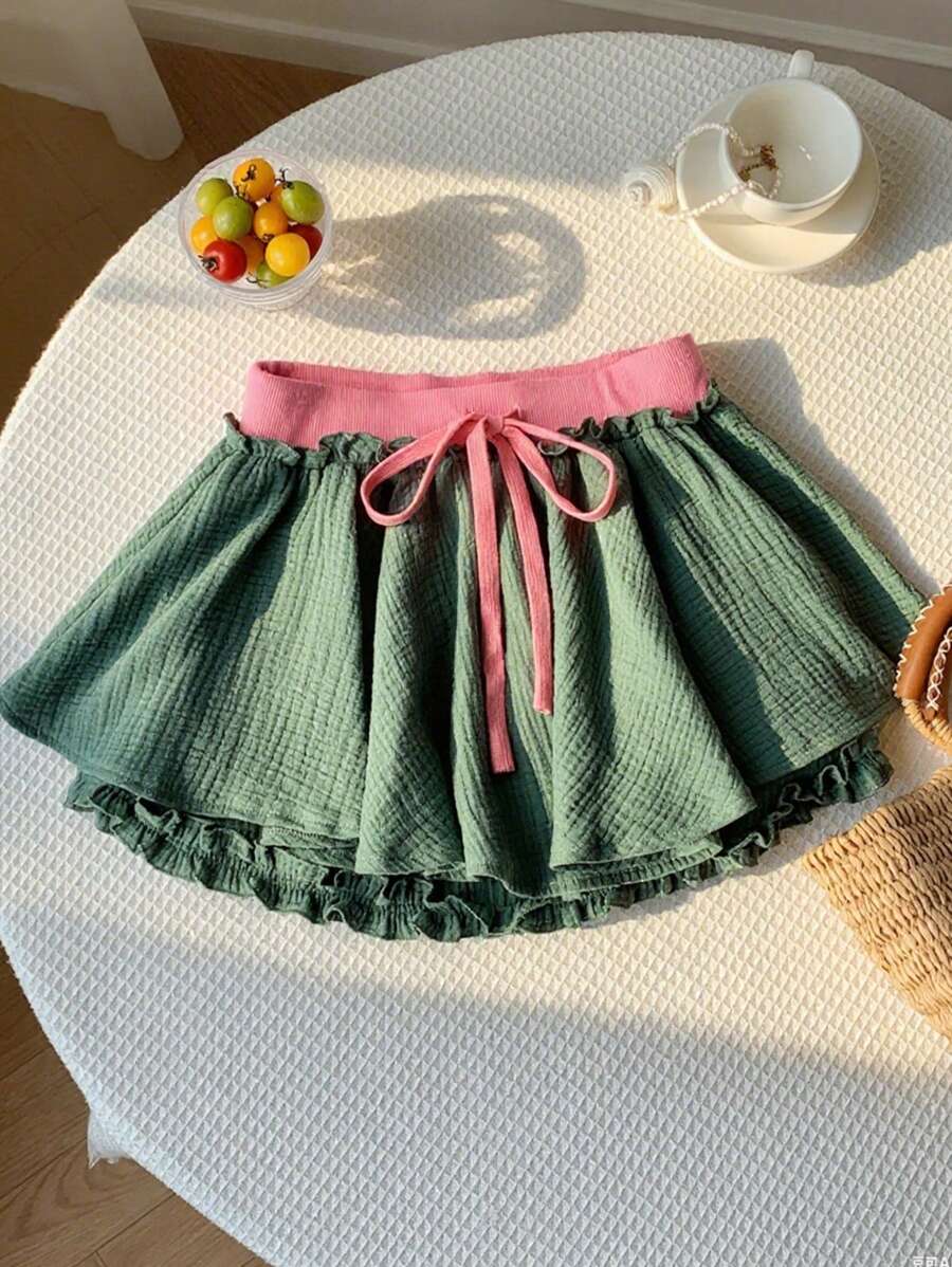Comfortcana Falda casual de verano para mujer con bloque de color, cintura con cordón y bajo recogido - Verde militar - Ver 1