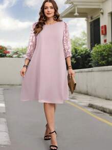 EMERY ROSE 大码女式网眼撞色黑色优雅黑色母亲节连衣裙春季女装