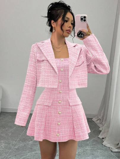  2Pcs Elenzga Sexy Party Suit Set: Strapless Dress + Short Jacket Coat, Elegant High-End Design For Women Fall Cloth For Women