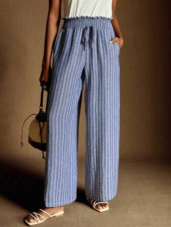 Écloséra Retro Bekväm Avslappnad Enkel Pendling Blå Linne Randig Volangkant Midja Pannband Dekorativ Hatt Klocka Ny Sommar Lös Snygga Vida Ben Dambyxor Hösttyg För Damer