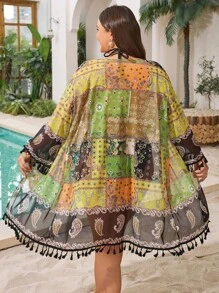 Swim Lushoire Plus Size Women Random Floral Pattern Fringe Knit Kimono Cardigan, Loose Long Sleeve For Summer Beach Vacation - Green - View 3