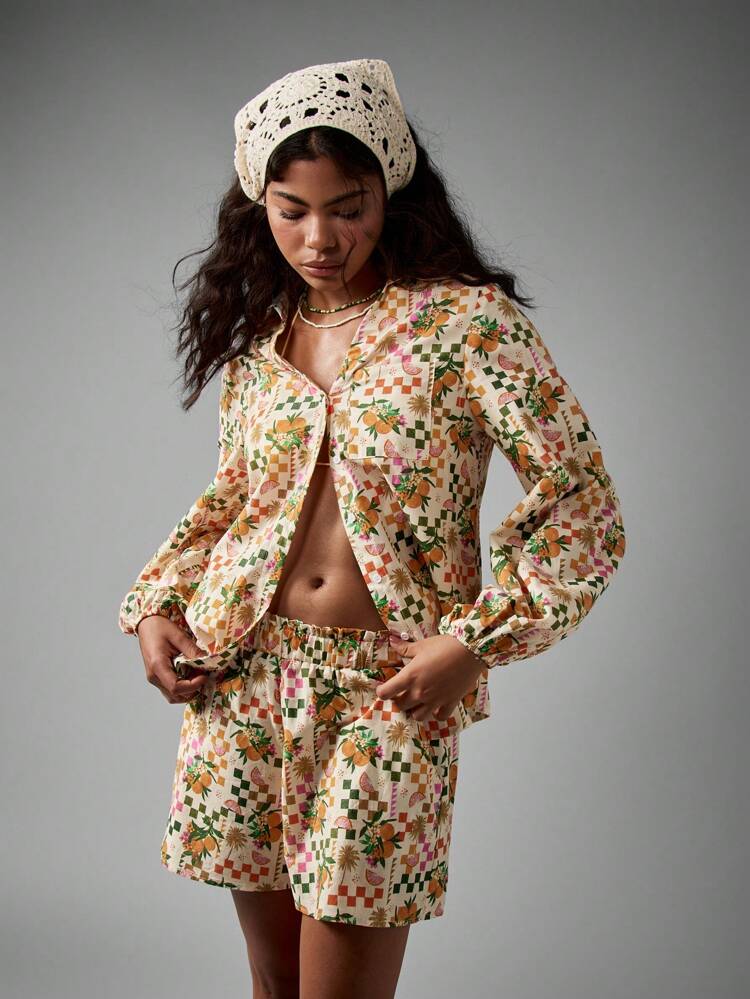 Button Up Blouse With Balloon Sleeves And Citrus Print