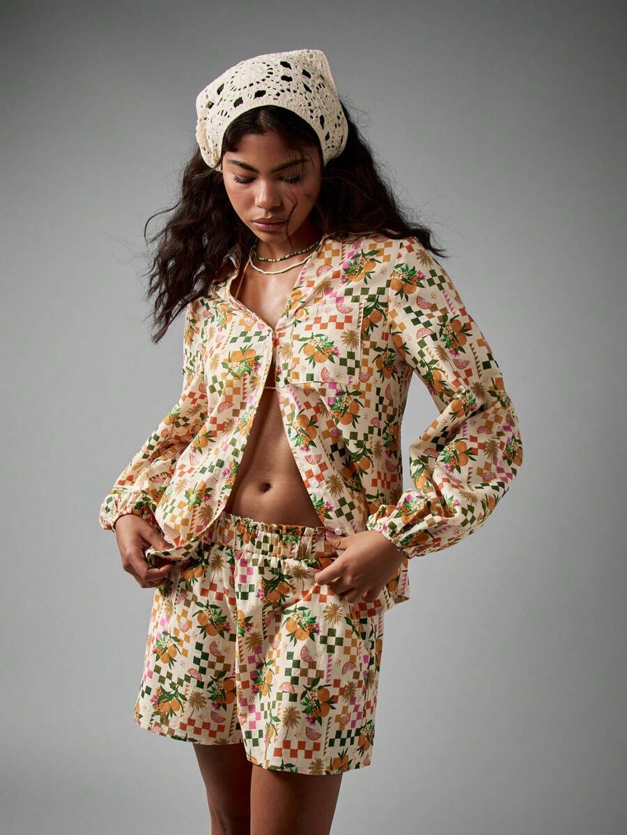 AiiRZ Áo cánh tay blouson in họa tiết ô vuông hoa cài nút mùa hè cotton họa tiết cam chanh lễ hội áo crop top bãi biển kỳ nghỉ nghỉ dưỡng mặc ngày lễ mùa xuân - Nhiều màu - Xem 1