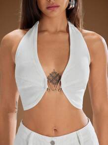 Denimoi Denim Cropped Halter Top With Metal Hardware Detail, Denim Top, Denim On Denim, Denim Crop Top, Denim Tank Top, Fashionable, Cute Summer Tops, Cute Summer Outfits, White Denim, Vacation Tops, Vacation Outfits, Concert Outfits, Streetwear, Y2k Fashion, Y2k Outfits, Y2k Tops, Y2k Styles - White - View 3