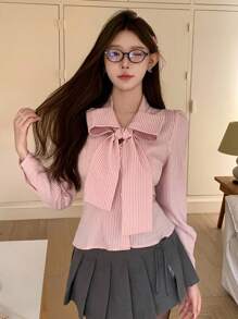 DAZY 女士修身性感学院风条纹全印花假围巾领带灯笼袖长袖衬衫，适合春夏秋季毕业季和返校季，秋季女装 - 粉色 - 查看 10