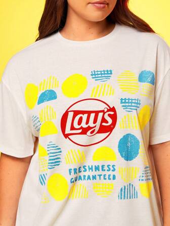 Lay's X SHEIN Plus Size Women's Casual Dot & Letter Graphic Batwing Short Sleeve Loose White T-Shirt, Summer Lays Graphic Tee Lays Tshirt Lays T-Shirt Potato Chips Tshirt Plus Size Graphic Tshirt