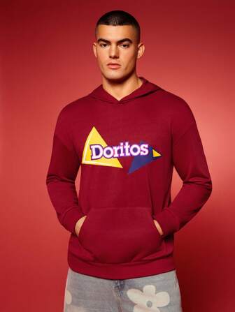 Doritos X SHEIN Men's Casual Letter & Geometric Print Pocket Hoodie, For Daily Wear