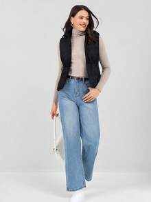 Miaspire Drawstring Waist Zipper Hooded Vest Black Casual Coat - Black - View 5