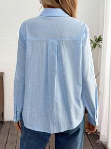 SHEIN LUNE 浅蓝色长袖女式休闲衬衫，前襟饰有蕾丝花饰 - 淺藍色 - 查看 2