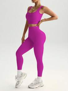 Core Rhythm 无缝罗纹针织运动套装 女士健身套装 女士紧身裤套装 - 玫紅色 - 查看 5