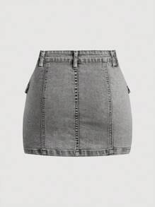 SHEIN MOD 女式夏季休闲街头时尚翻领口袋牛仔工装迷你裙 - 灰色 - 查看 2