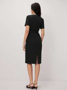 BizChic 2025 女士黑色短袖中长连衣裙，浪漫优雅，百搭，商务休闲，办公室穿着，适合日常通勤，优雅复古风格