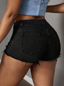 Slaydiva Pantalones cortos vaqueros skinny con bolsillos, deshilachados y borde desgastado para mujer de talla grande - Negro - Ver 3