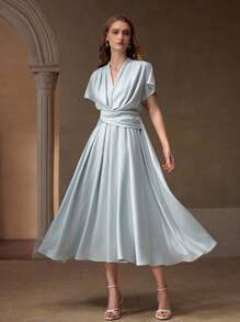 MOTF PREMIUM VESTIDO CON CINTURA ENVUELTA, PLIEGUES Y DOBLADILLO ACAMPANADO - Verde Pastel - Ver 4