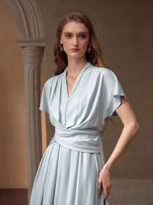 MOTF PREMIUM VESTIDO CON CINTURA ENVUELTA, PLIEGUES Y DOBLADILLO ACAMPANADO - Verde Pastel - Ver 5
