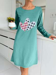 SHEIN Cotton Heart Printed Long Sleeves Casual Sleep Dress