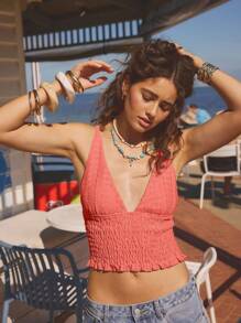 Aralina Áo crop top hở eo chữ V sâu cho kỳ nghỉ của phụ nữ, gợi cảm - Màu Cam san hô - Xem 5