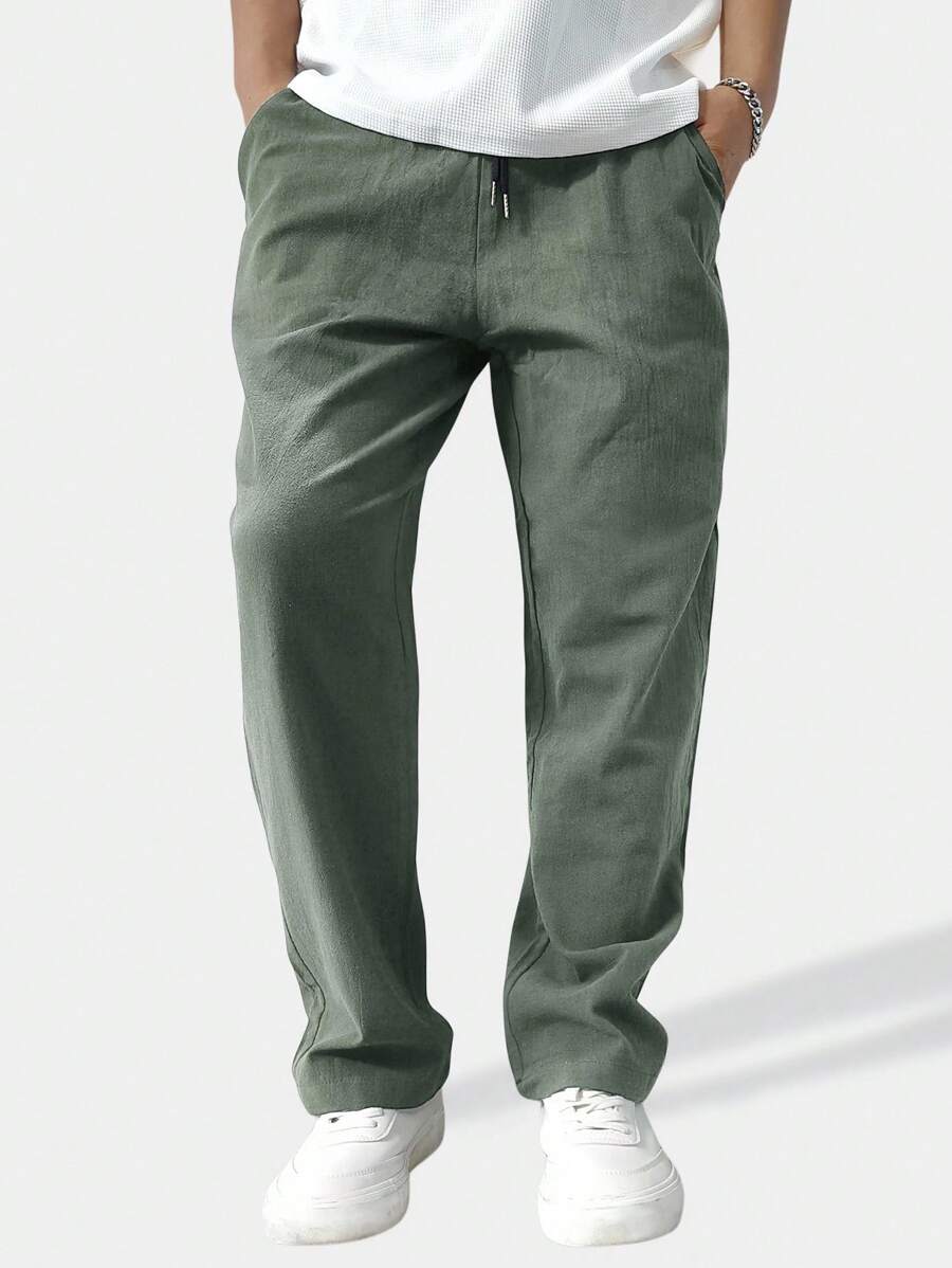 Manfinity Homme Quần ống đứng lưng rút dây màu trơn rộng rãi cho nam, mùa thu - Màu xám đen - Xem 1