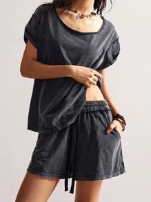 Bohemela 2件套女士纯色针织不对称领口宽松T恤+高腰宽松短裤女夏季短裤套装休闲短款套装 - 黑色 - 查看 2