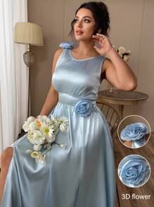 SHEIN LUNE Damen Große Größen Gewebtes Frühling/Sommer Elegantes Kleid aus Kunstseide mit 3D Blumen, rundem Ausschnitt, ärmellos, mit Schlitz an der Taille - Weiss - Übersicht 1