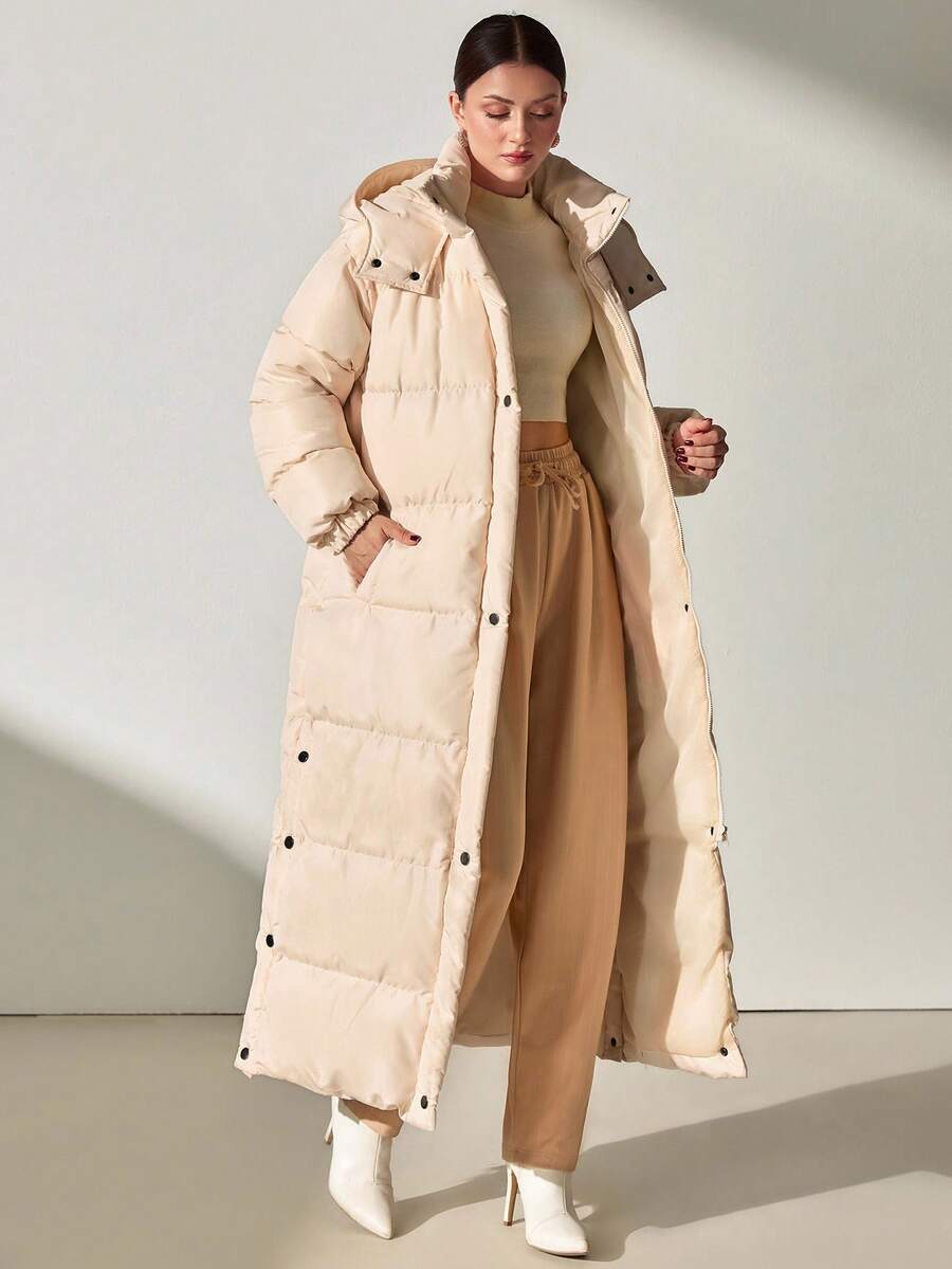 CLARA VERO Women's Light Beige Casual Side Buttoned Hooded Winter Coat - Beige - View 1