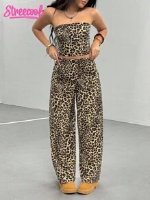 Teen GirlCasual All-Match Everyday Home Leopard Print Crop Top + Loose Pants Woven Tank Top Set