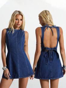Jeanoix Women's Sexy Backless Mini Denim Dress, Fashion Casual - Blue - View 1
