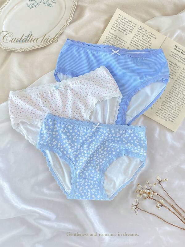 3pcs Teen Girl Light Blue Ditsy Floral Pattern Bow Lace Trim Cute Sweet Simple Comfortable Triangle Brief Panties Kids Underwear Pack Kids S Underwear Pack Underwear Girls Cotton Maternity Underwear Cotton Cute Underwear Set