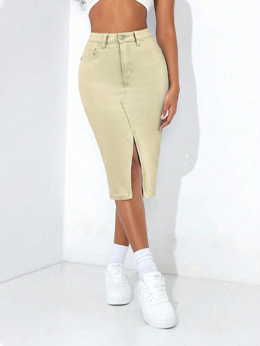 SHEIN PETITE Spódnica damska z rozcięciem i kieszeniami w jednolitym kolorze z jeansu - Kolor khaki - Zobacz 1