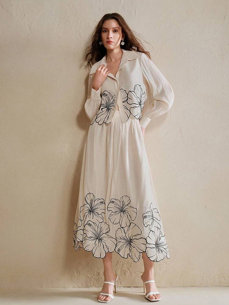 2pcs/Set Old Coin Leisure Casual Embroidery Long Sleeve Shirt Blouse + High Waist A-Line Embroidery Long Skirt Set For Women