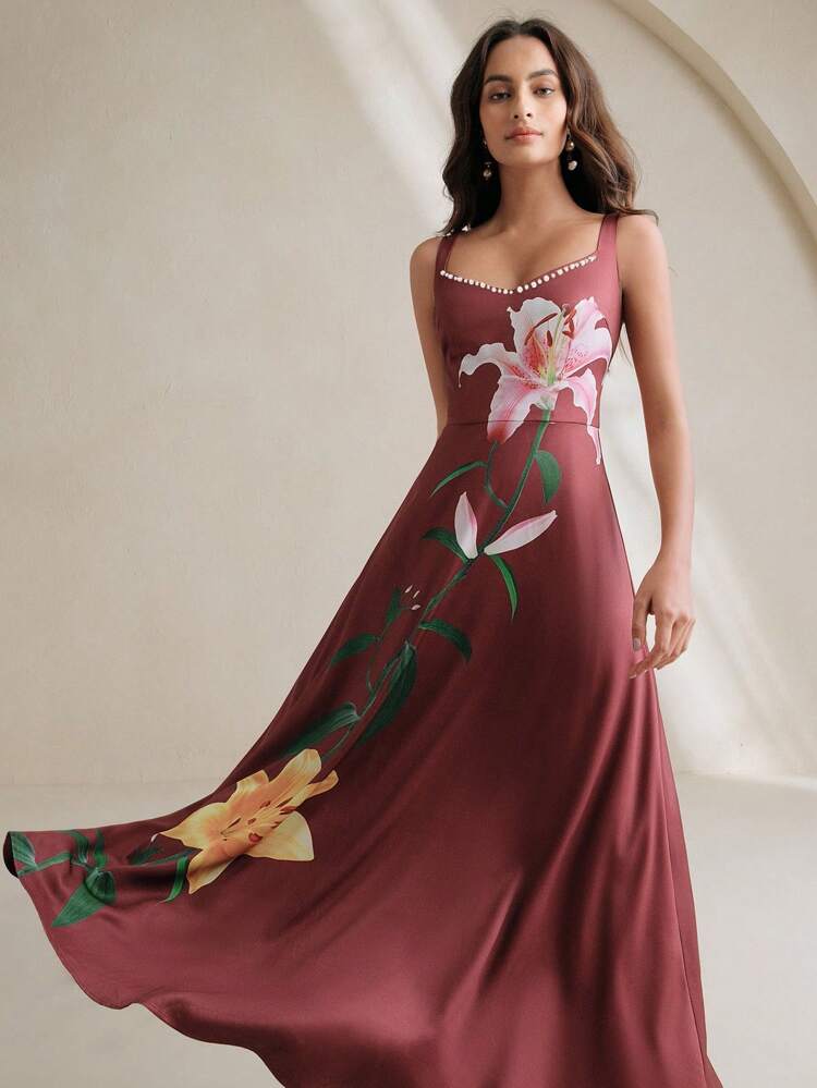 Women's Elegant New Arrival Spaghetti Strap V-Neck Swing Dress, Wine Red Color, For Holiday