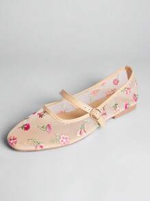 SHUZIA Elegant Women's Nude Embroidered Mesh Mary Jane Flats Vintage-Inspired Multi Floral Ballet Shoes With Strap - Multicolor - View 5