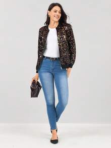 Miaspire 不对称图案亮片装饰派对音乐节经典拉链飞行夹克，适合女士、四季、节日服装 - 彩色 - 查看 6