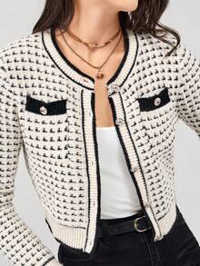Miaspire Contrast Color Round Neck Long Sleeve Fitted Women Front Button Jacket Cardigan Sweater Fall Women Outfits Button Up Fall Cardigan Women Cardigans,Long Sleeve Tops - Black and White - View 7